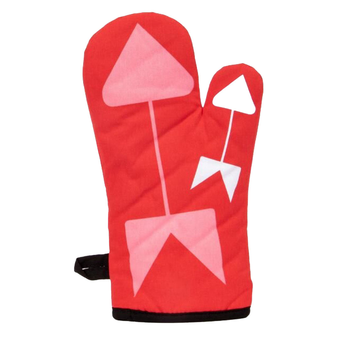 The back of the Blue Q oven mitt. It is red with a pink and a white arrow on the back 