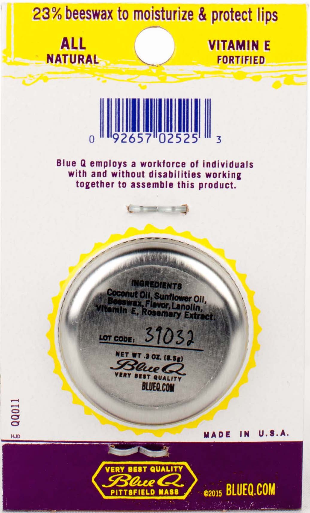 The back of the packaging for Blue Q lip shit Pineapple brown sugar, showing the ingredients of the product