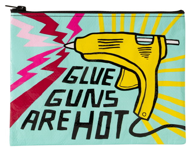 A light blue zipper pouch with a yellow glue gun and purple and pink zig zags. The text reads: ' Glue guns are hot'