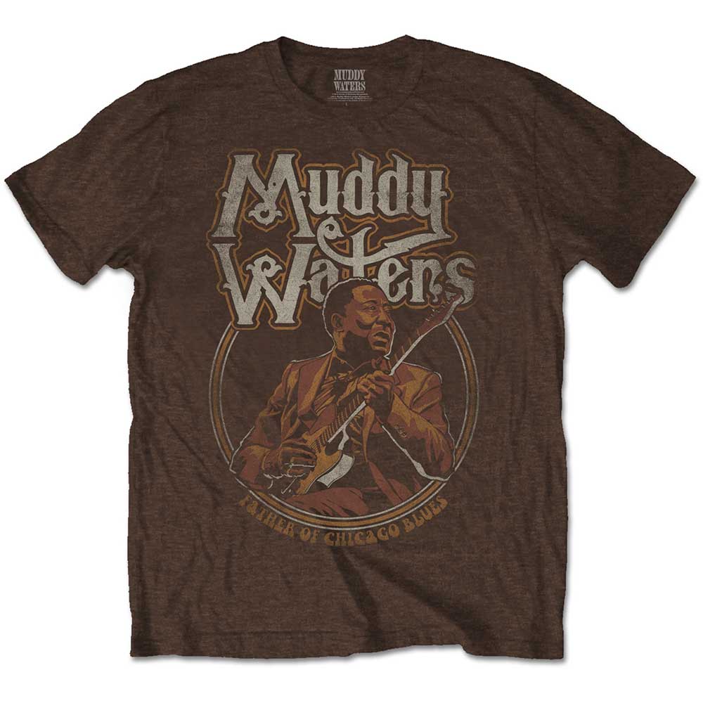 A brown T-shirt featuring the Muddy Waters 'Father of Chicago Blues' design motif. The print on the t-shirt is white and orange.