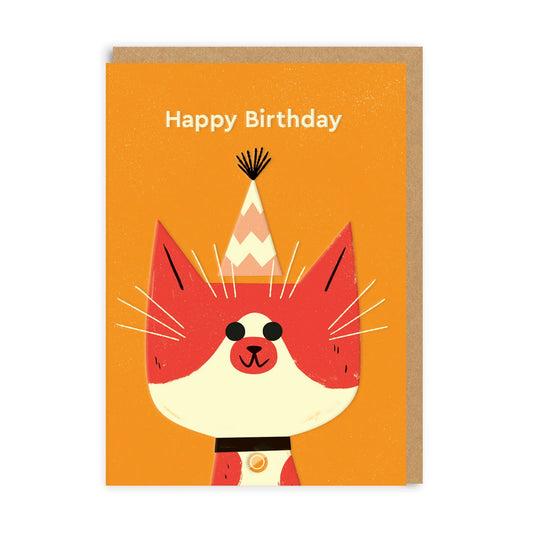 An orange card with a cartoon red and white cat in the middle with a party hat on. The text on the card reads: Happy Birthday
