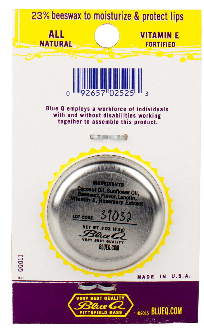 The back of the packaging for Blue Q lip shit Black Cherry Papaya, showing the ingredients of the product