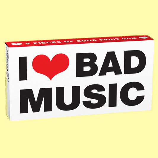 A white box of Blue Q gum that reads: I heart bad music 