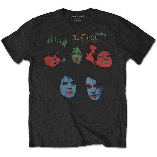 A black T-shirt featuring The Cure  'In Between Days' design motif. The print on the T-shirt is blue, red, green and yellow