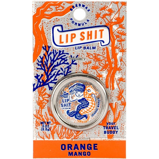 A Blue Q lip shit tin encased in a orange and blue cardboard packaging. The text reads: 'Lip shit lip balm Orange Mango'