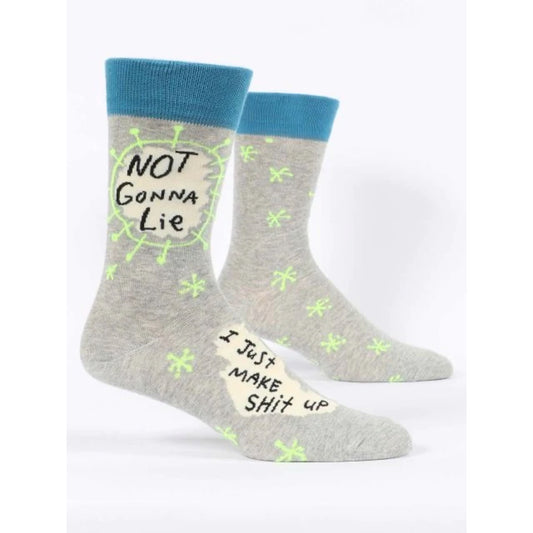 Grey Blue Q socks with light green stars all over and a blue band. The text reads: Not gonna lie - i just make shit up'