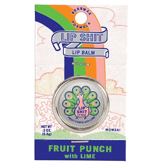 A Blue Q lip shit tin encased in cardboard packaging. The text reads: 'Lip shit lip balm -Fruit punch with lime' 