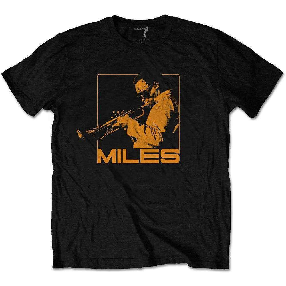 A black T-shirt featuring the Miles Davis 'Blowin'' design motif. The print on the t-shirt is yellow. 