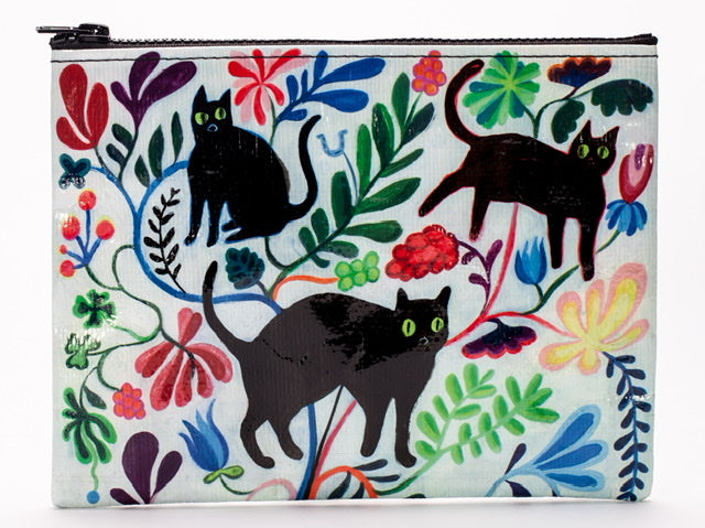 A white Blue Q zipper pouch with 3 black cats on the front and blue, green, yellow and pink floral print all over.