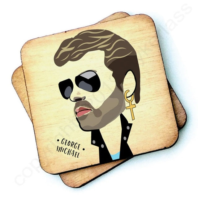 Image shows a wooden drinks coaster with a cartoon graphic of George Michael on the front