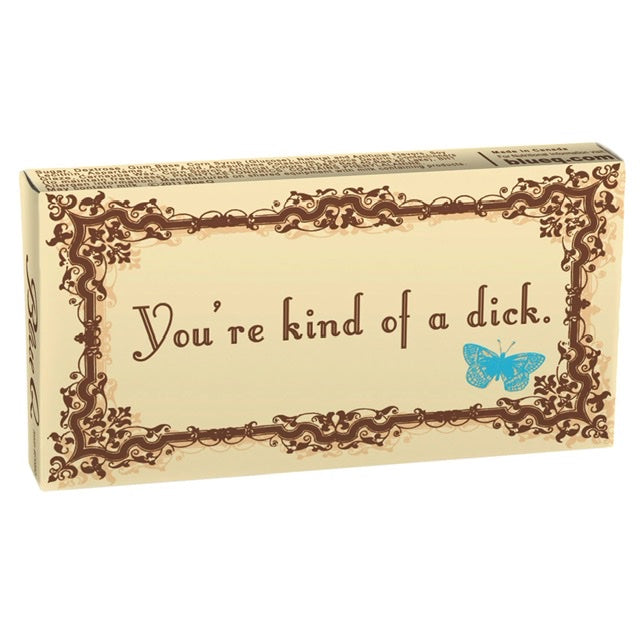 Beige box of Blue Q gum with a fancy brown boarder and a blue butterfly. The text reads: You're kind of a dick