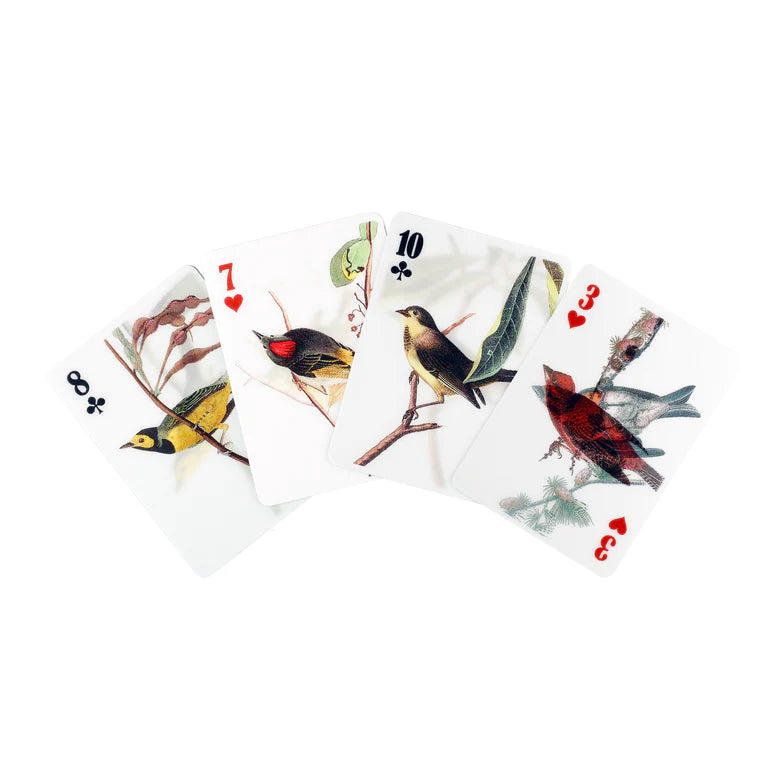 4 different lenticular playing cards with images of birds on the front. 