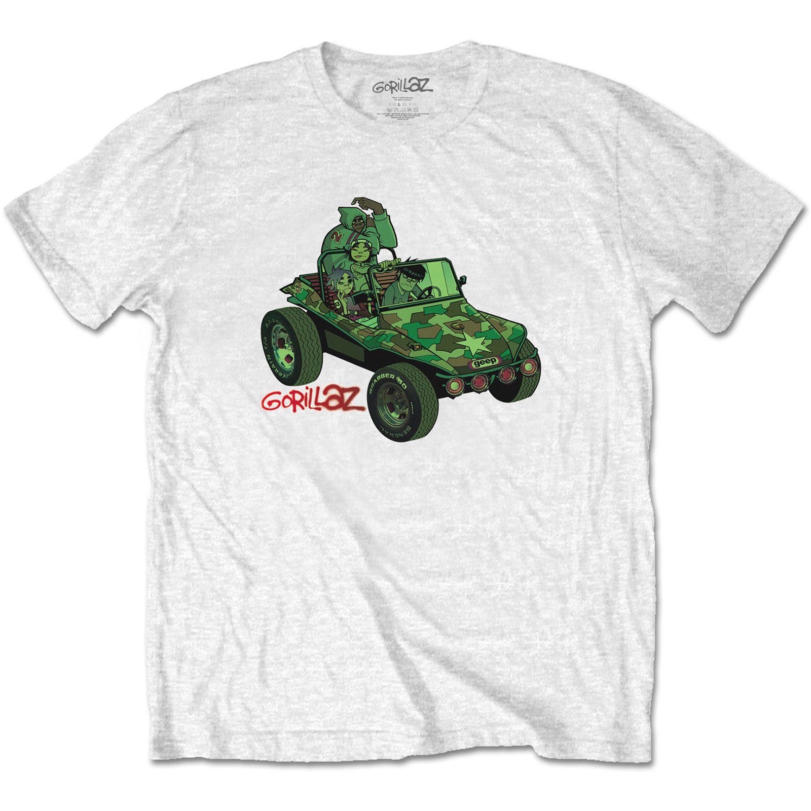 A white T-shirt featuring the Gorillaz 'Green Jeep' design motif. The print on the t-shirt is green and red.