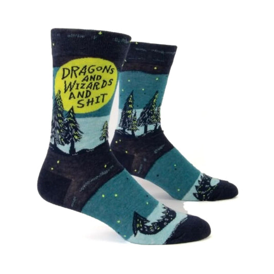 Blue Q Socks with a blue dragons tail on and trees. The text on the socks reads: 'Dragons and wizards and shit'