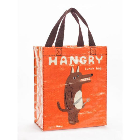 A Blue Q lunch bag with a cartoon bear holding a knife and fork. The text on the bag reads: ' Hangry - lunch bag'