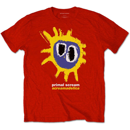 A red T-shirt featuring the Primal Scream 'Screamadelica' design motif. The print on the t-shirt is yellow, white, black and purple