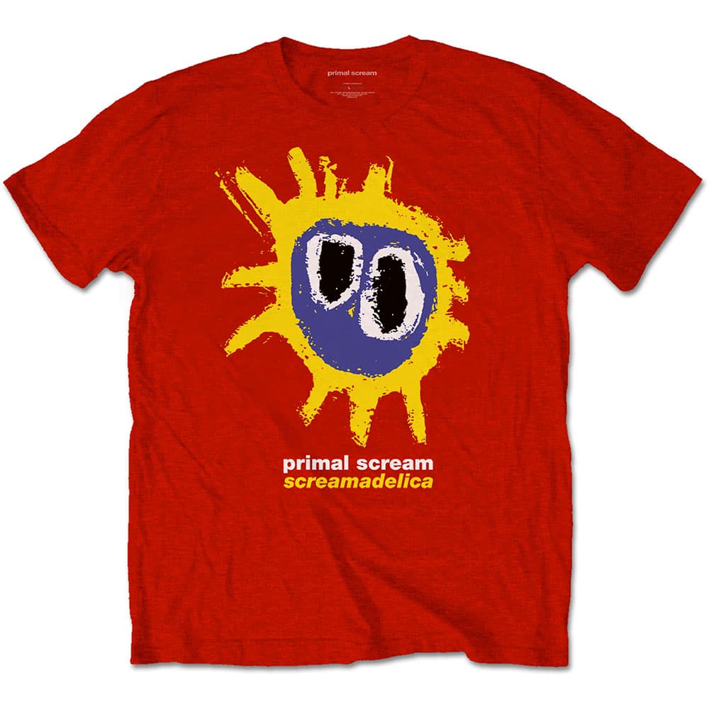 A red T-shirt featuring the Primal Scream 'Screamadelica' design motif. The print on the t-shirt is yellow, white, black and purple 