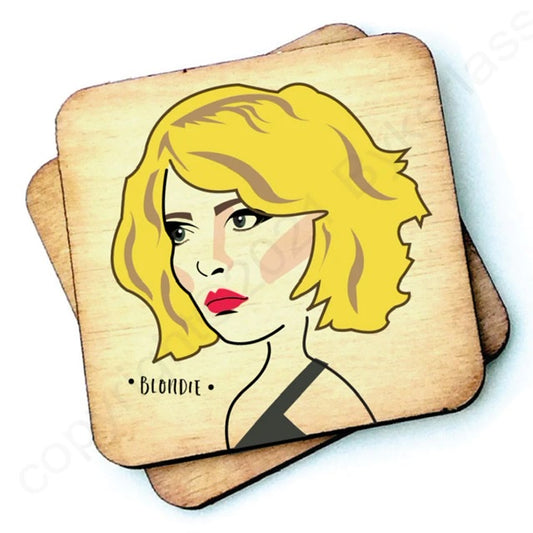 Image shows a wooden drinks coaster with a cartoon graphic of Debbie Harry on the front