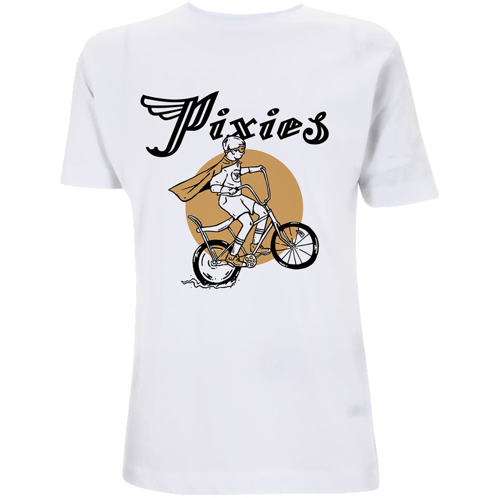 A white T-shirt featuring the Pixies 'Monkey Grid' design motif. The print on the t-shirt is black and orange 