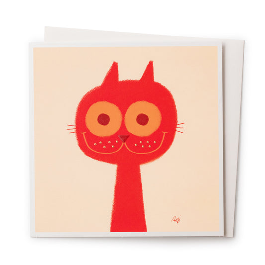 Light yellow card with a red drawing on the front of a  fuzzy creature with tiny ears, huge eyes and a big smile.