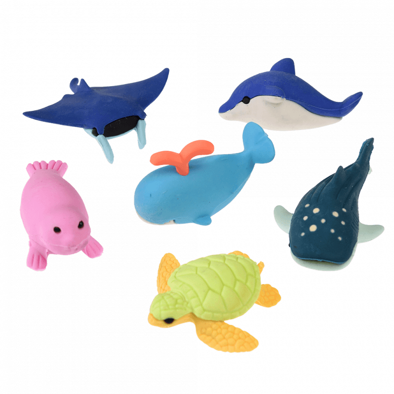 6 different erasers shaped like a pink seal, blue stingray, dolphin, whale, shark and a green and yellow turtle.