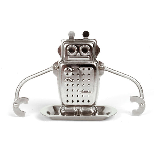 A silver metal robot stood on a little tray. the robots arms are long so they can hang onto each side of the cup and body opens up with 2 little clips at the top to put your tea in.