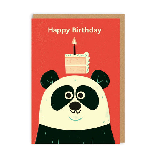 A red card with a panda in the middle that has a piece of birthday cake on his head. The text on it reads Happy Birthday
