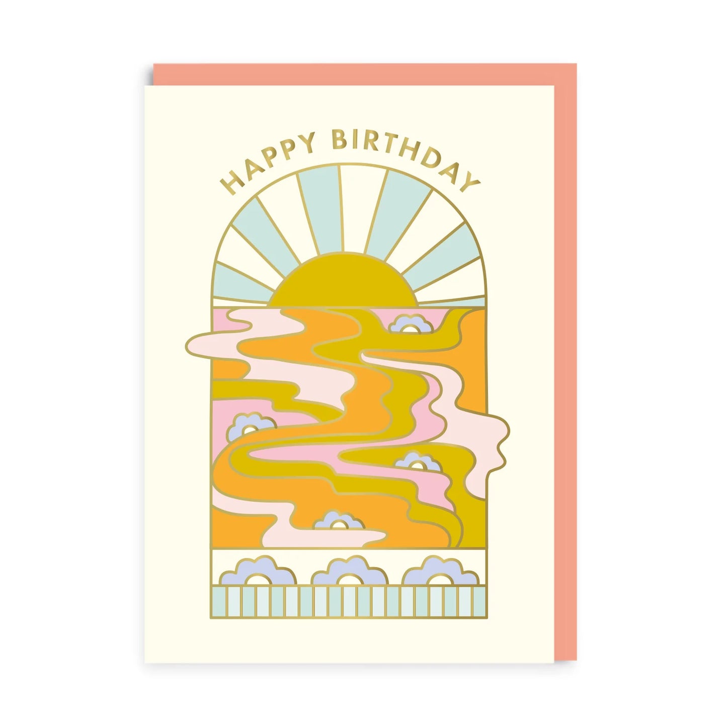 A white card with a lovely print of the sun rising through a window with some flowers underneath. The card is done in orange, blue, pink and yellow pastel colours. 