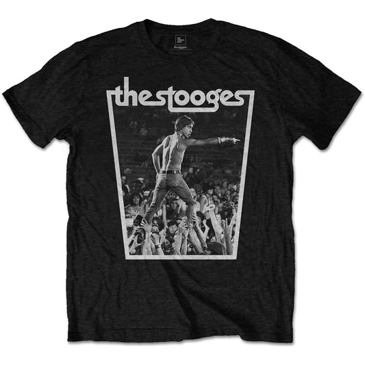 A black T-shirt featuring Iggy & The Stooges 'Crowd walk' design motif. The print on the T-shirt is in white.