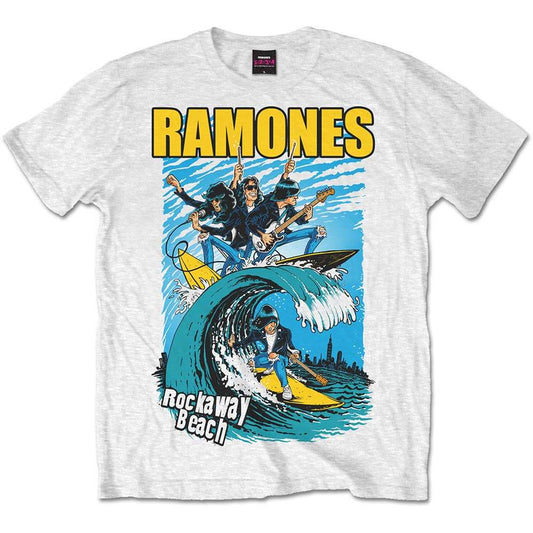 A white T-shirt featuring the Ramones 'Rockaway Beach' design motif. The print on he T-shirt is blue, yellow and white.