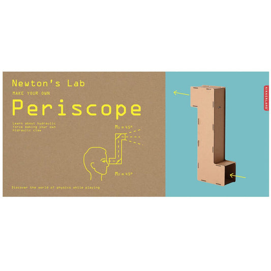 A cardboard box with a picture of a periscope on the front and a diagram of how to use it. The text on the box reads: Newtons lab make your own periscope discover the world of physics whilst playing