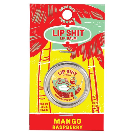 A Blue Q lip shit tin encased in cardboard yellow packaging. The text reads: 'Lip shit lip balm - mango raspberry''