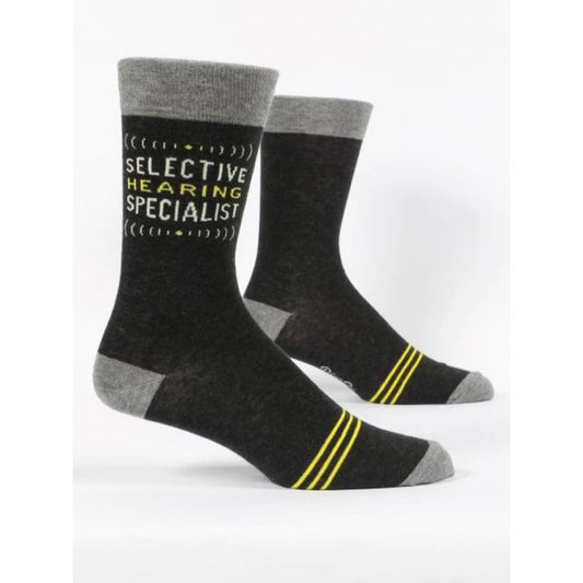 Black Blue Q socks with a grey heel and band around the top. The text on the side reads: 'Selective hearing specialist'