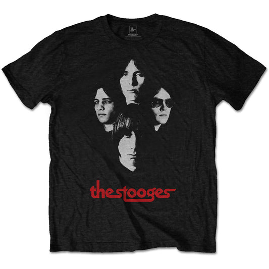 A black T-shirt featuring Iggy & The Stooges  'Group Shot' design motif.  The print on the T-shirt Is in white and red.