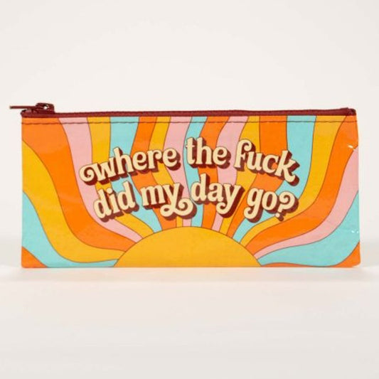 A Blue Q pencil case with a retro sunset print on. The text on the pencil case reads: ' Where the fuck did my day go?'
