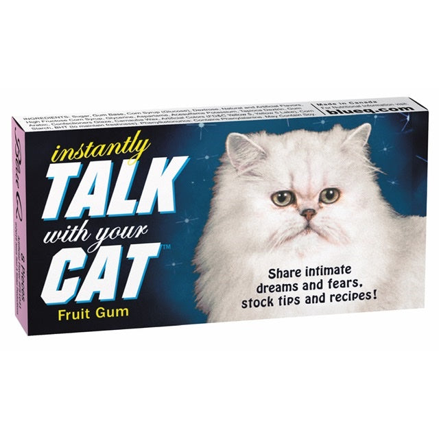 Blue Q gum with a white fluffy cat on the front. The text on the box reads: Instantly talk with your cat fruit gum.