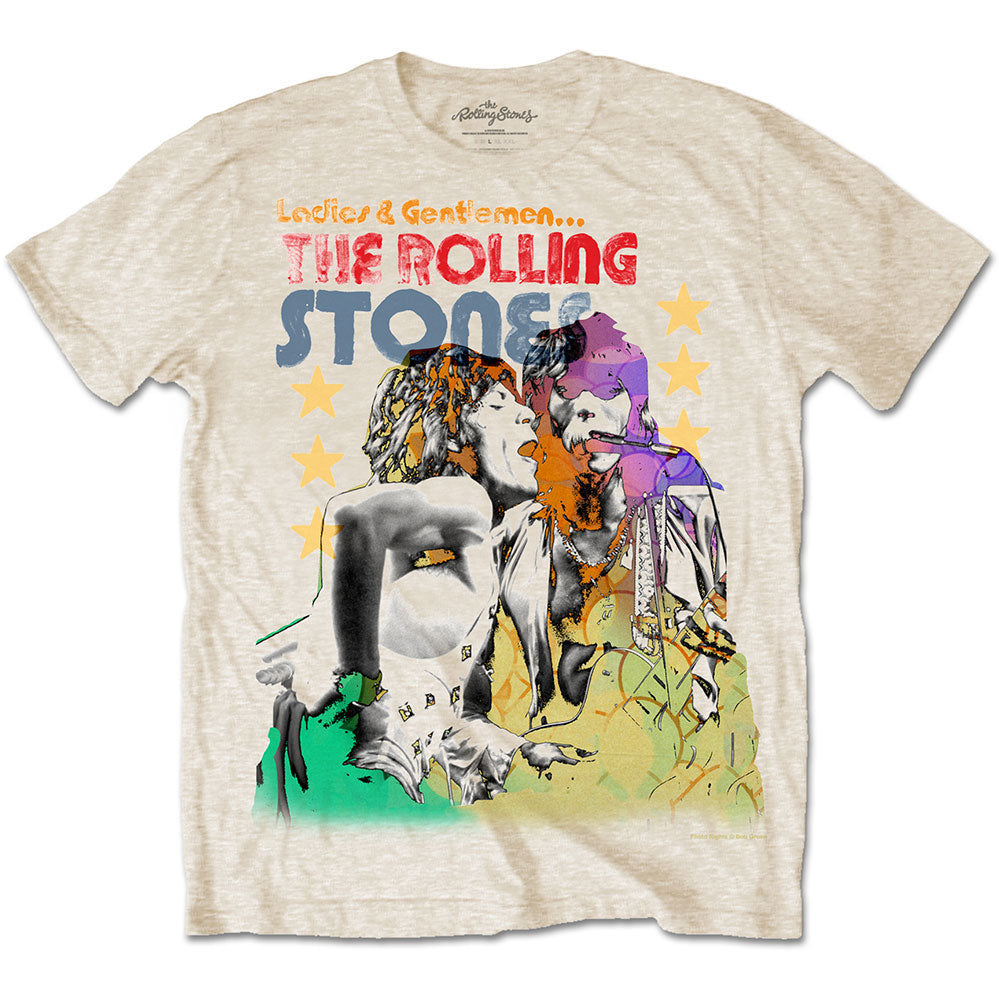 A beige T-shirt featuring The Rolling Stones 'Mick & Keith Watercolour Stars' design motif. The print on the T-shirt is Red, purple, yellow, green, orange and black