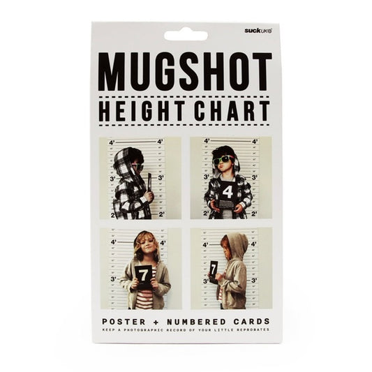 Cardboard box containing a height chart. On the front are 4 pictures of people using the height chart. The text on the box reads: 'Mugshot height chart - Poster + Numbered cards'