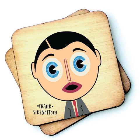 Image shows a wooden drinks coaster with a cartoon graphic of Frank Sidebottom on the front