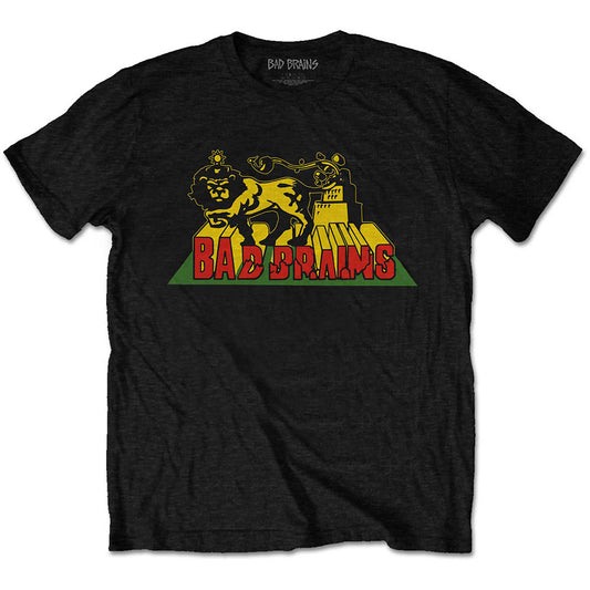 A black T-shirt featuring the Bad Brains 'Lion Crush' design motif. The print on the t-shirt is yellow, green and red