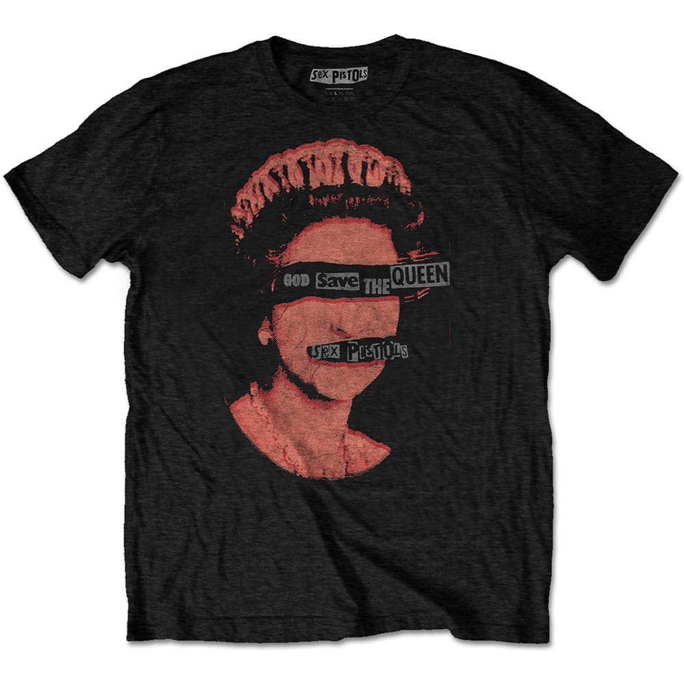 A black T-shirt featuring The Sex Pistols 'God Save The Queen' design motif. The print on the T-shirt is in red.