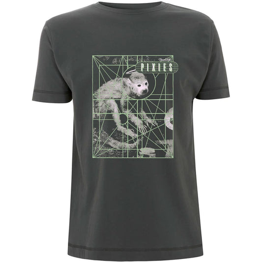 A grey T-shirt featuring the Pixies 'Monkey Grid' design motif.  The print on the t-shirt is green and white. 