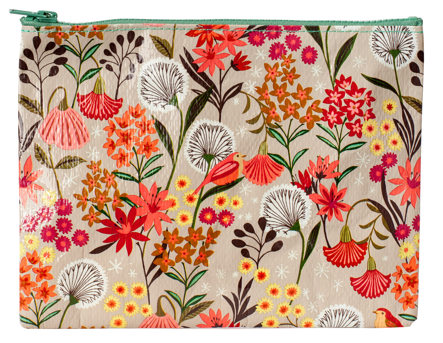 A beige Blue Q Zipper pouch with pink, red, orange and green flowers all over and white daffodils.