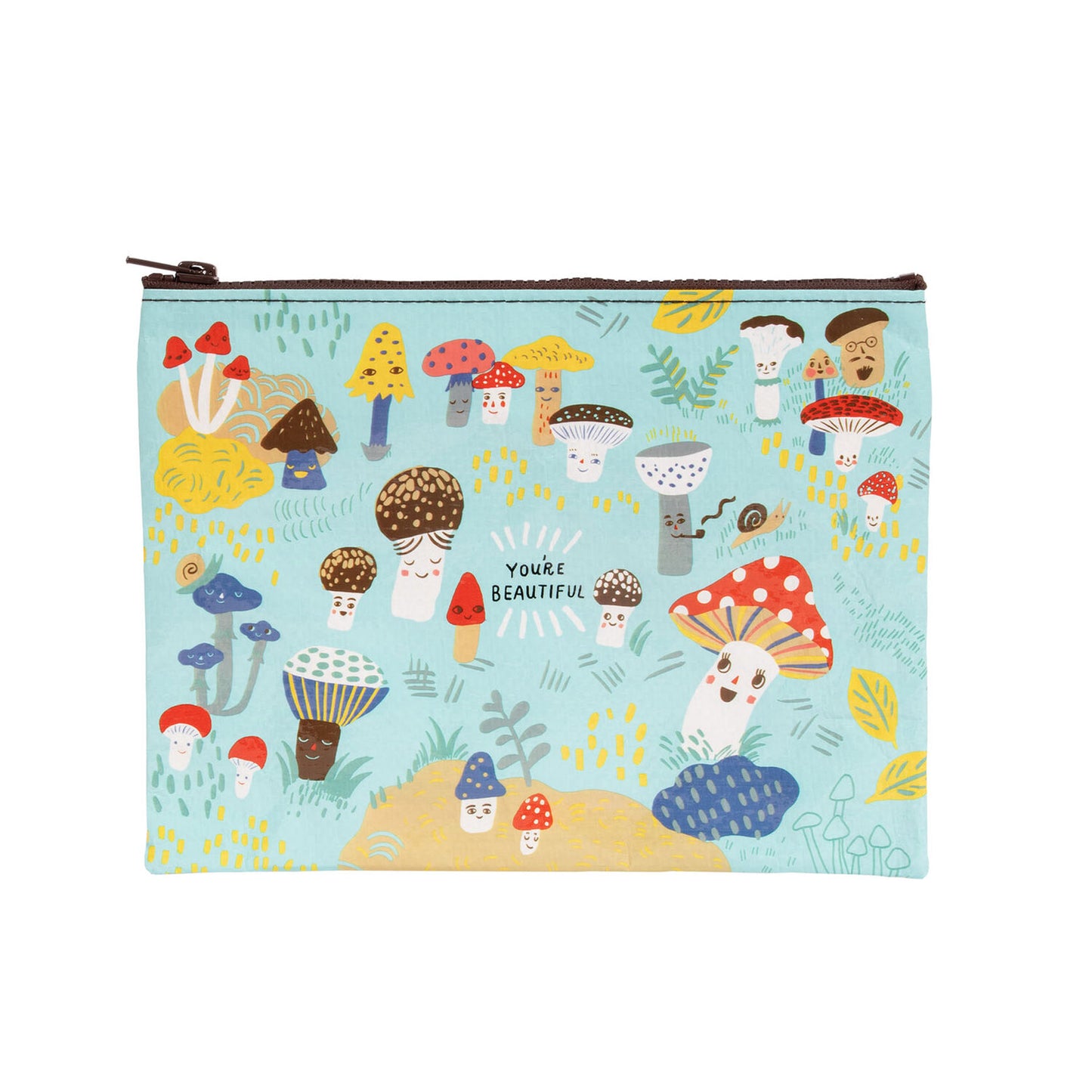 A Blue Q zipper pouch with cute little cartoon mushrooms on the front. The text reads: 'You're beautiful'