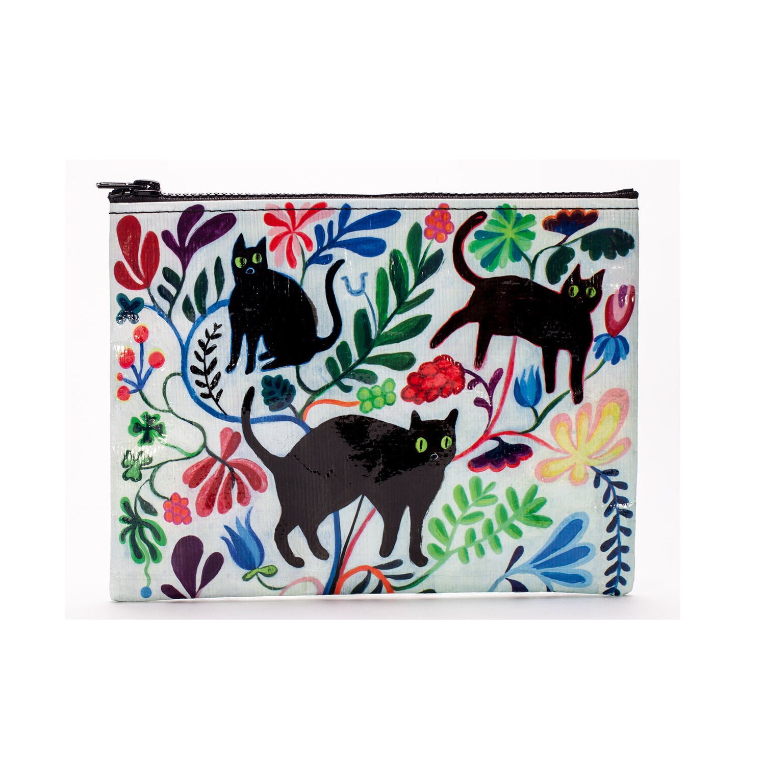 A white Blue Q zipper pouch with 3 black cats on the front and blue, green, yellow and pink floral print all over.