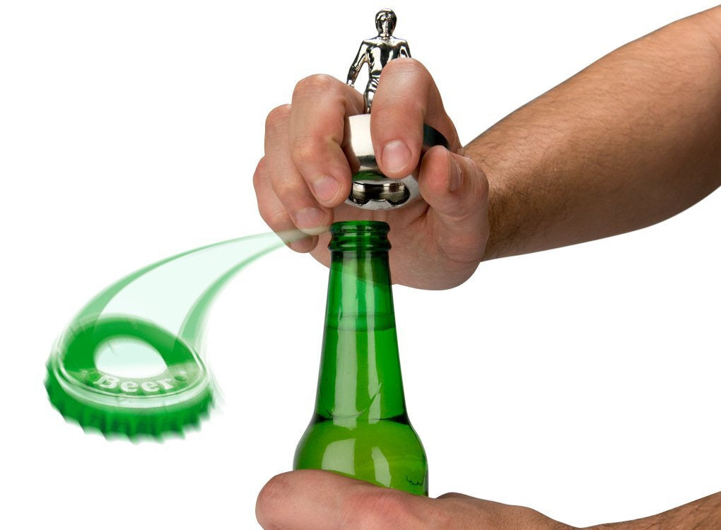 Someone using a Subbuteo bottle opener to open a green bottle.
