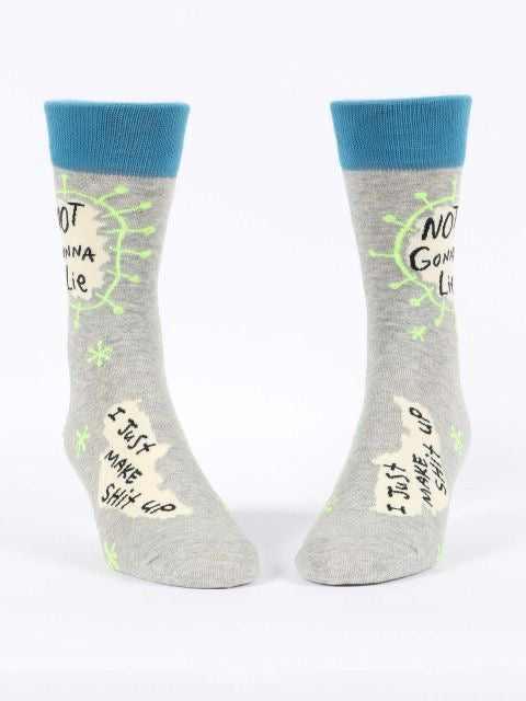 Grey Blue Q socks with light green stars all over and a blue band. The text reads: Not gonna lie - i just make shit up'