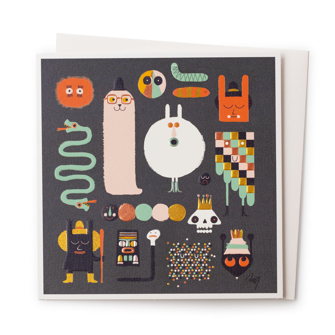 A grey card with cute cartoon images of a snake, space hopper with a face, a pink worm with glasses and a top hat, a skull with a crown and a few fuzzy creatures with eyes. 