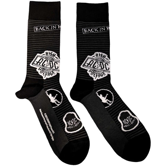 Image shows pair of black socks with grey stripes with AC DC logo on them with text saying back in black