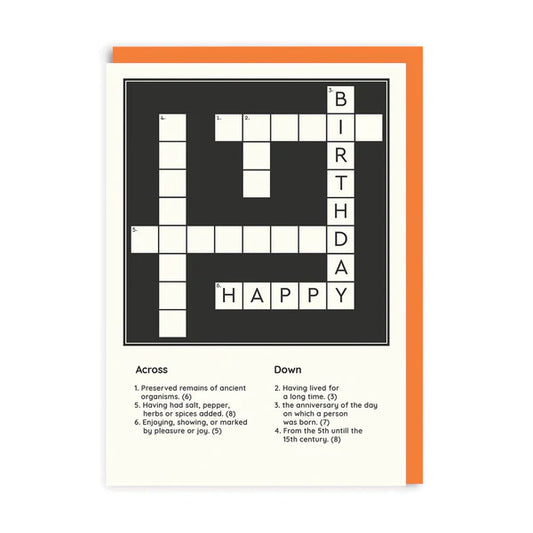 A white card with a crossword puzzle on the front for the reader to complete. The crossword already has 2 words filled in that are: Happy and Birthday 